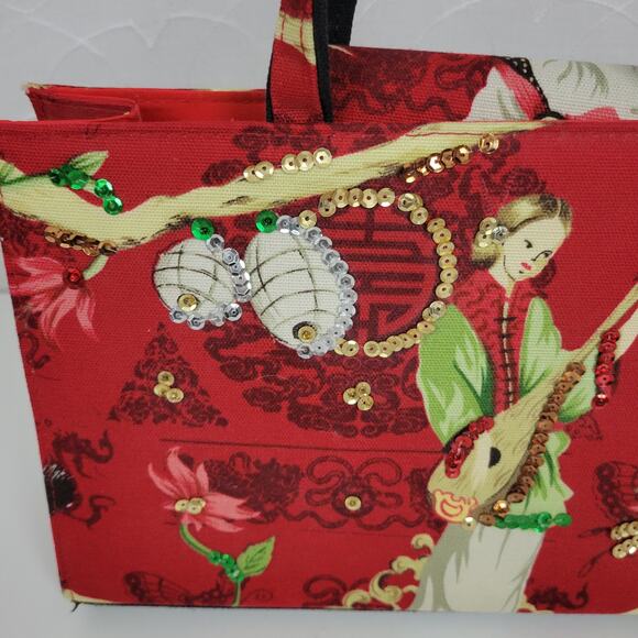 Modella Womens Handbag 11.5" x 8 Red Asian Motif Sequined Double Strap - Picture 4 of 15